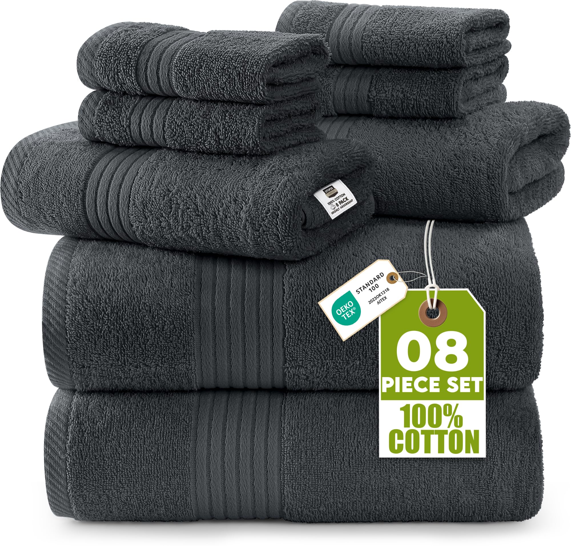 Utopia Towels 8 Piece Premium Towel Set, 2 Bath, 2 Hand, and 4 Washcloths, 100% Ring Spun Cotton, Highly Absorbent Towels for Bathroom, Sports, and Hotel, Grey