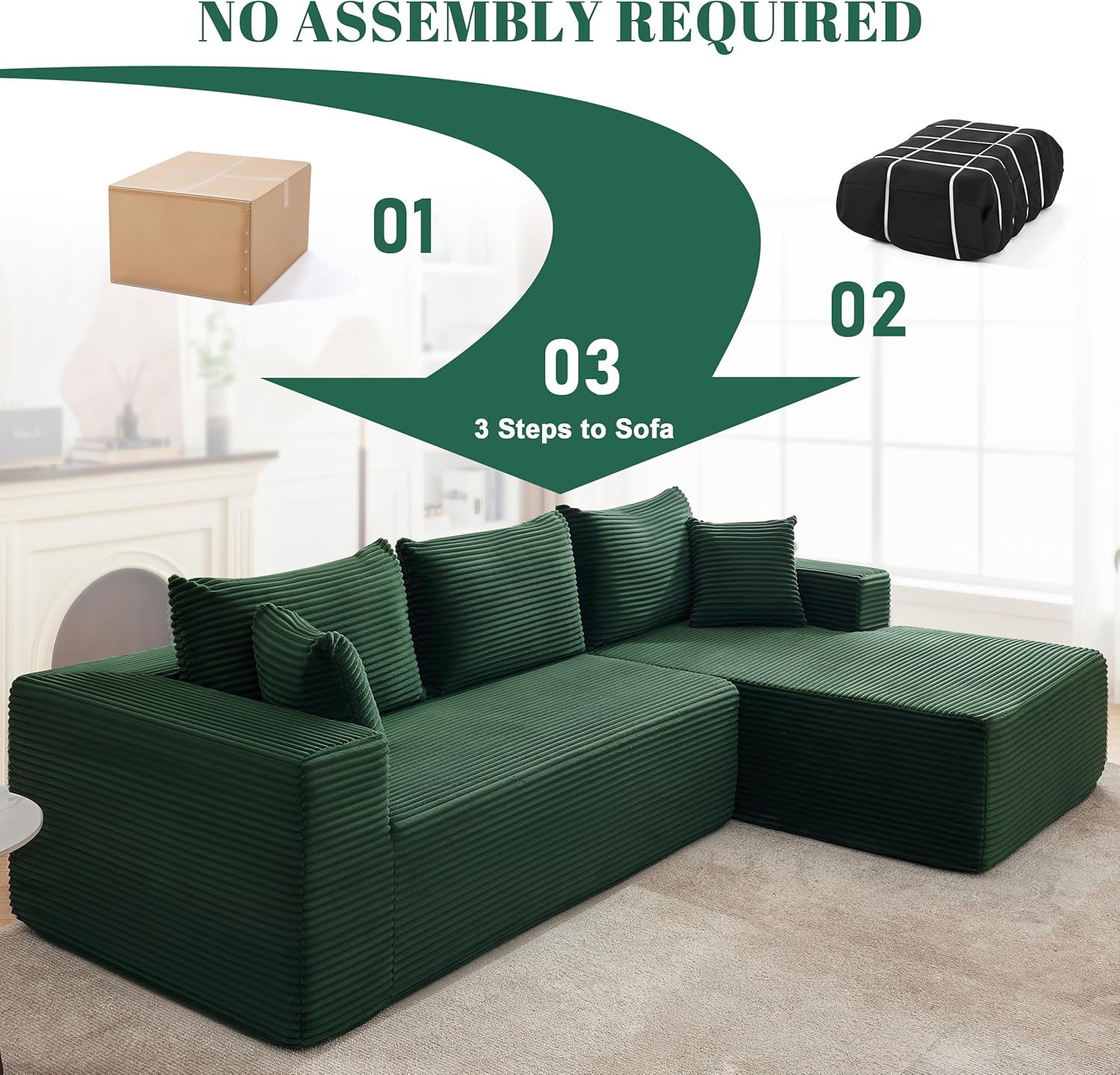 110” Cloud Sectional Couch, Boneless Sofa for Living Room, Modular Sectional Sofa with Deep Seat, Comfy Fluffy Couch with L-Shaped Chaise, No Assembly Required (Right-Facing Chaise, Green) Green 110 Inch (Right Facing Chaise)