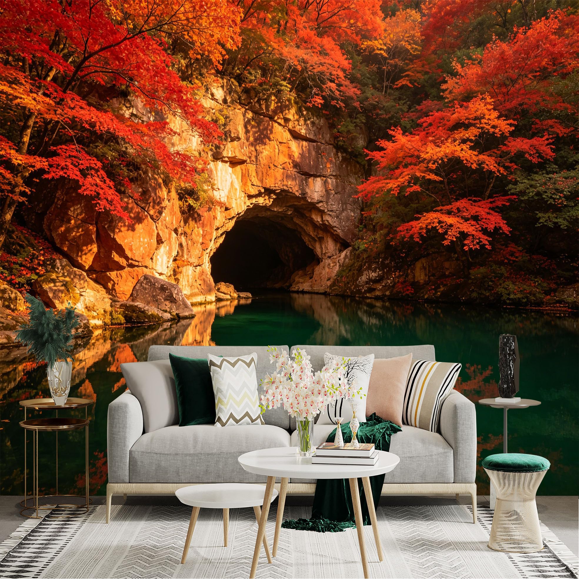 Lnzczhyre Dbh260521685 Custom Size Wall Sticker Mural， Autumn Maple Forest Cave， Serene Emerald Lake Reflection， Vivid Red Foliage， For Wall Decoration， Peelandstick Wall Decals.