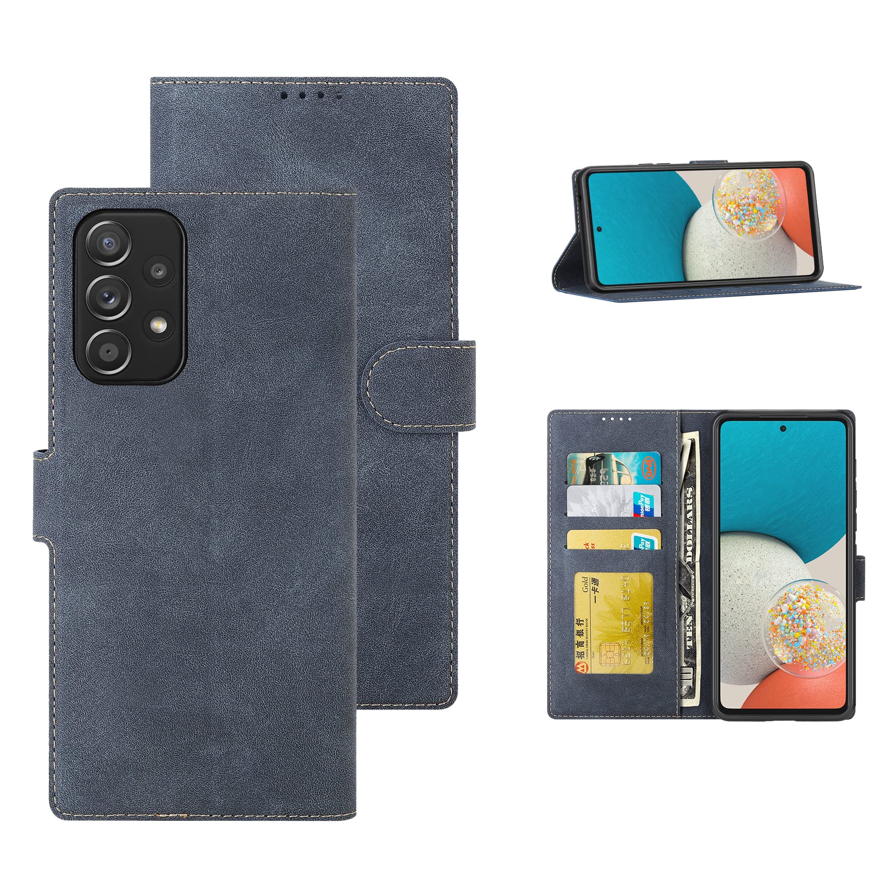 Feitennfor Galaxy A53 5G Wallet Case,Slim Folio Cover PU Leather Hard Plastic Bumper Shockproof Durable Defender Phone Case for Galaxy A53 5G 2022 (Dark Blue)