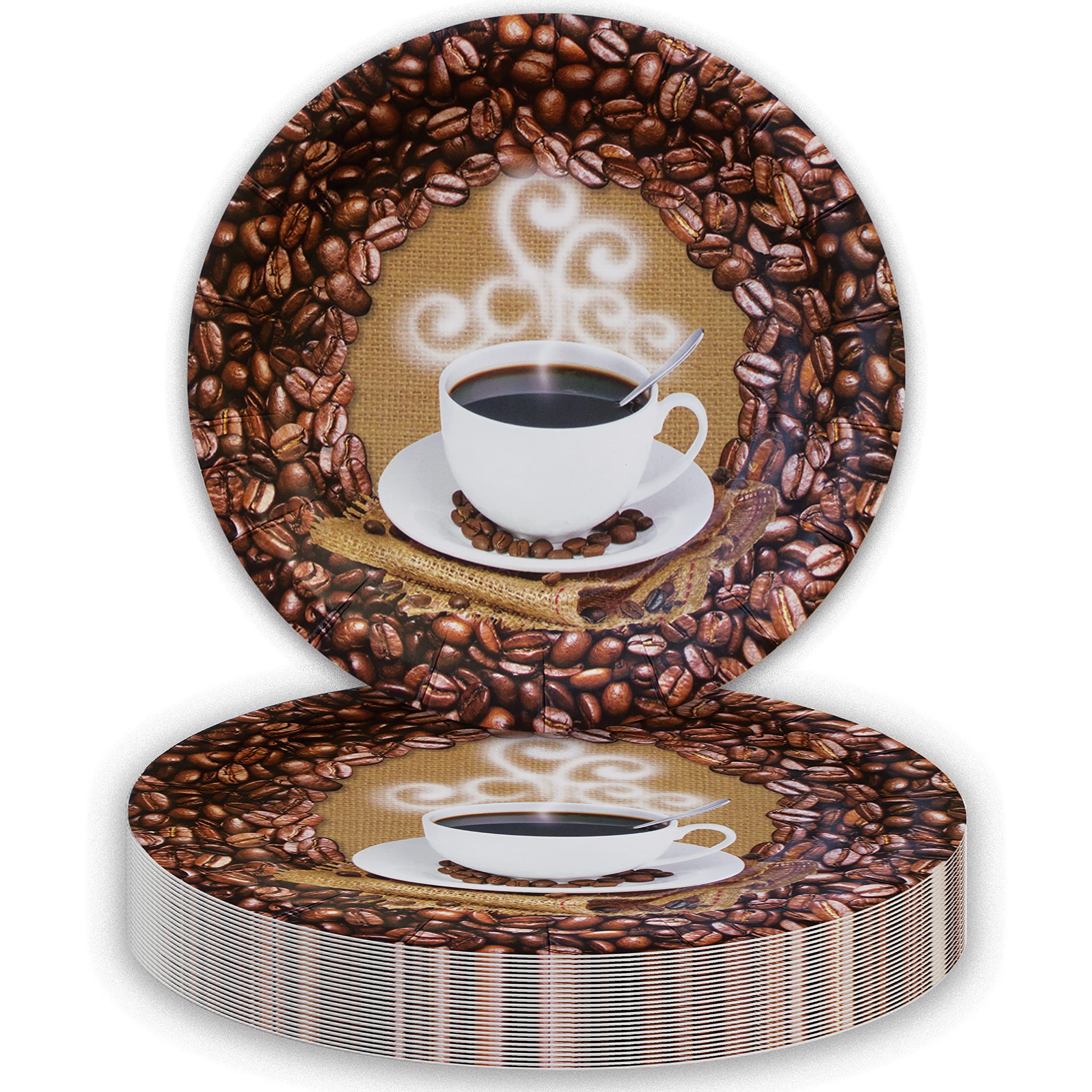 Havercamp Coffee Lovers 7” Plates (24 pack) Round, Paper Party Plates with a piping hot cup of Joe. Bordered with fresh coffee beans.