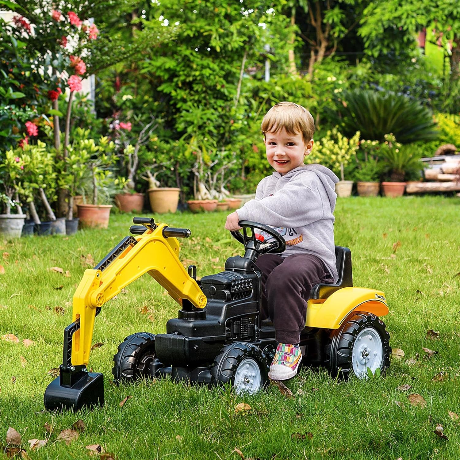 Aosom Kids Ride On Excavator, Pedal Digger, Construction Truck with Horn for Kids and Toddlers 3+, Yellow