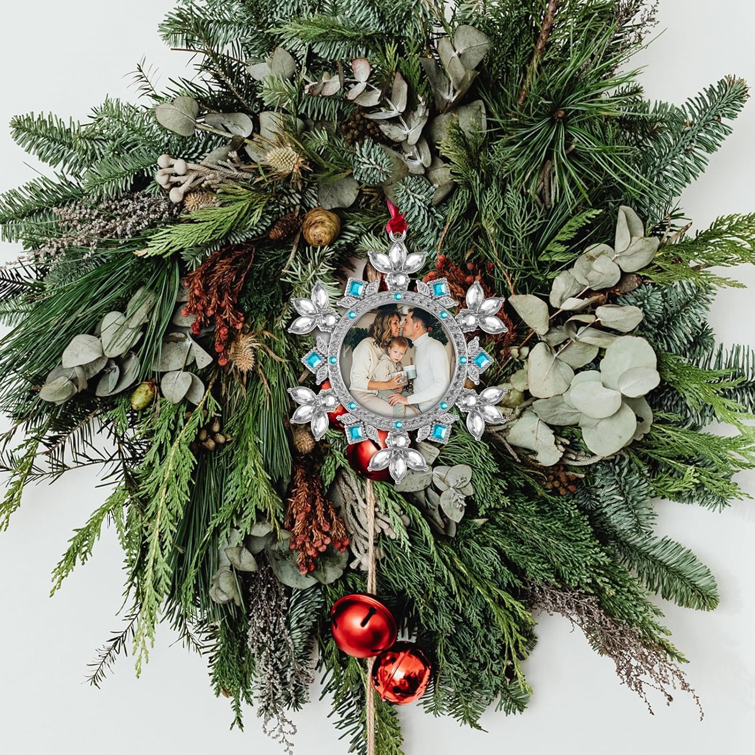 GUOER Christmas Tree Snowflake Picture Frame Ornaments Holiday Keepsake Gift Home Decor Christmas Decorations Xmas Gifts Pendant with 2" Photo Frame (Blue, 3 Pieces Set)
