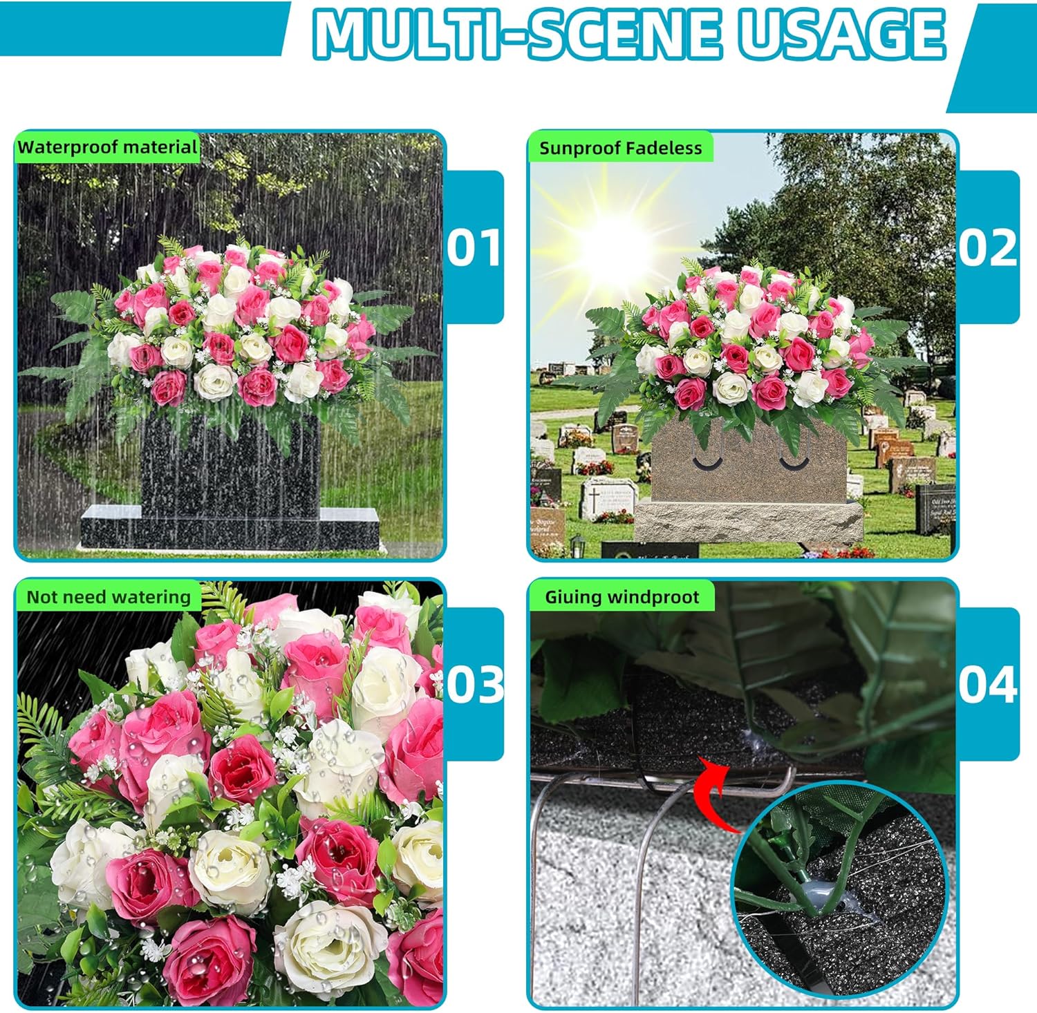 Artificial Cemetery Flowers Saddle - Grave Decoration Headstone Flower Rose for Outdoor Grave Decorations (Pink White)