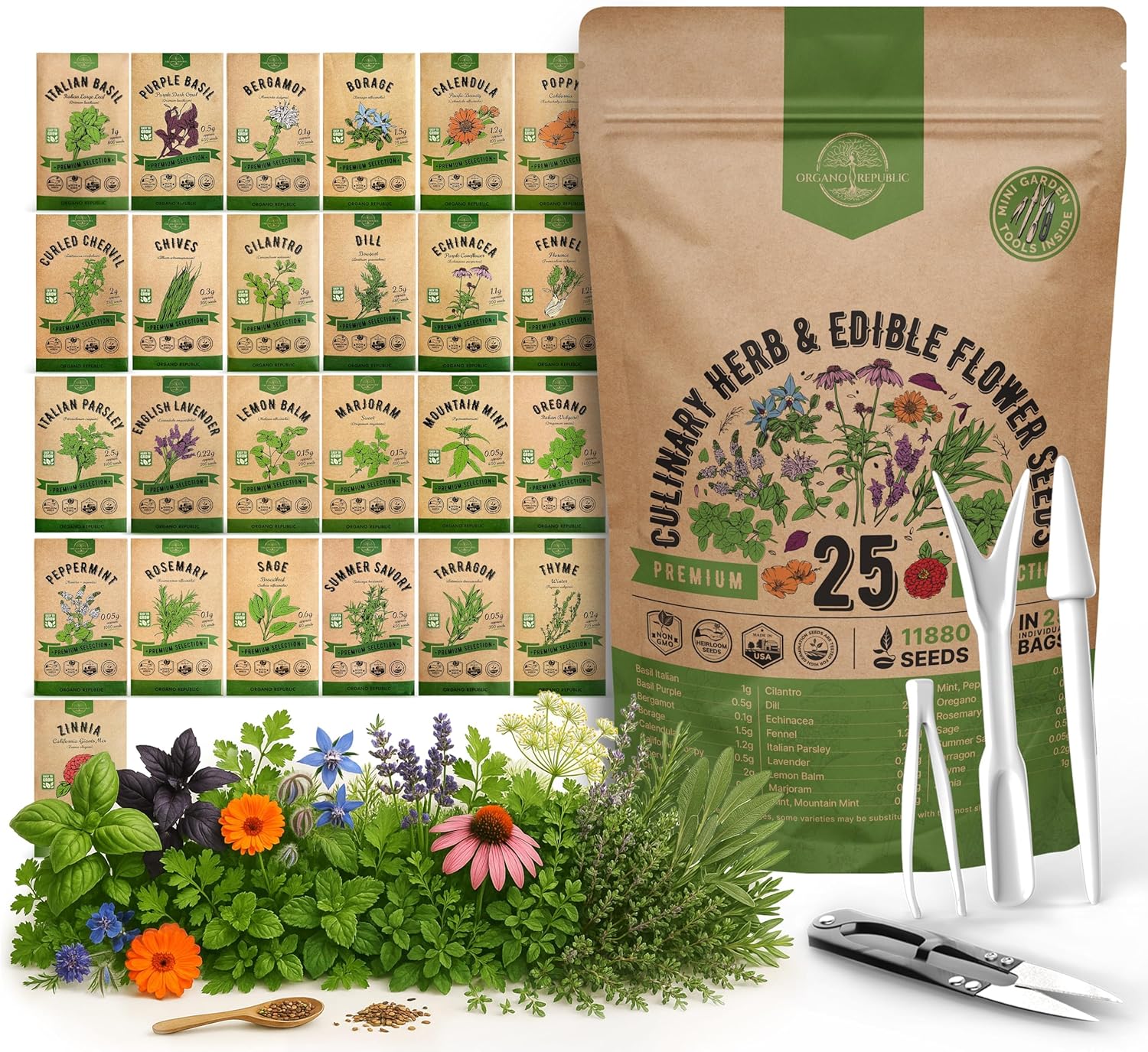 25 Culinary Herbs & Edible Flower Seed Variety Pack for Planting Indoor & Outdoors. 11900+ Non-GMO Heirloom Flower Seeds: Basil, Borage, Echinacea, Lavender, Oregano, Rosemary Seeds & More