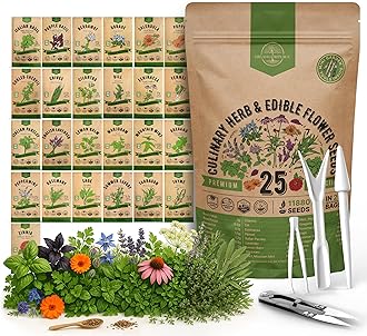 25 Culinary Herbs & Edible Flower Seed Variety Pack for Planting Indoor & Outdoors. 11900+ Non-GMO Heirloom Flower Seeds: Basil, Borage, Echinacea, Lavender, Oregano, Rosemary Seeds & More