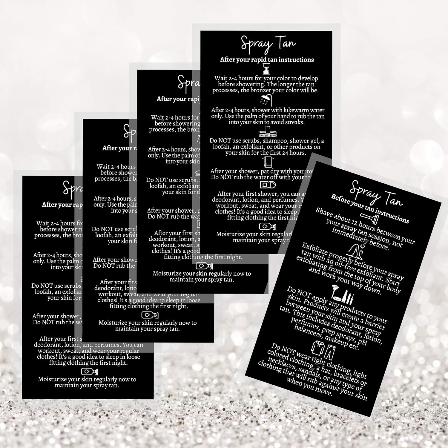 Rapid Spray Tan Pre and Post Care Instructions Cards | 50 Pack | Double Sided Size 3.5 x 2" inches After Care | Black with White Icons Design