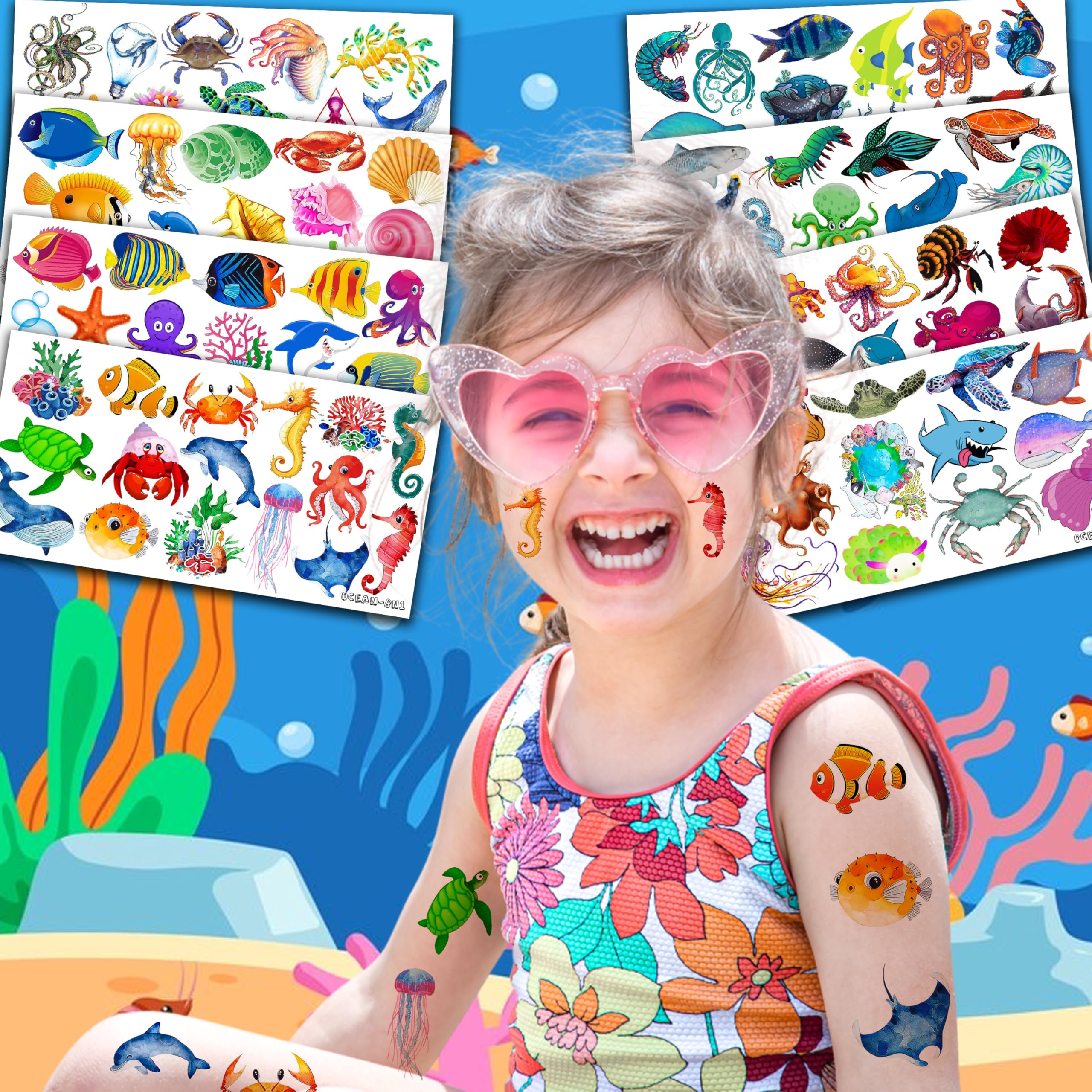 Ocean Sea Animal Temporary Tattoos for Kids – 118+ Under the Sea Tattoo Stickers for Boys Girls – Fish Dolphin Shark Octopus Party Favors, Goodie Bag Fillers, Beach Birthday Decor