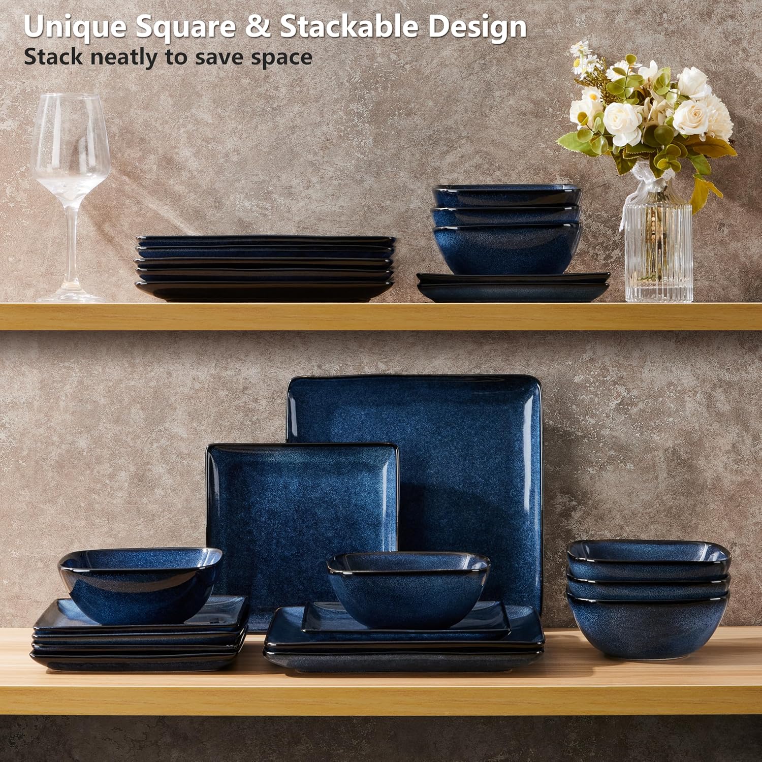 E-far Square Plates and Bowls Sets, 12-Piece Stoneware Dinnerware Sets for 4, Reactive Glaze Dish Set, Chip and Scratch Resistant, Microwave and Dishwasher Safe, Deep Sea Blue - Image 4