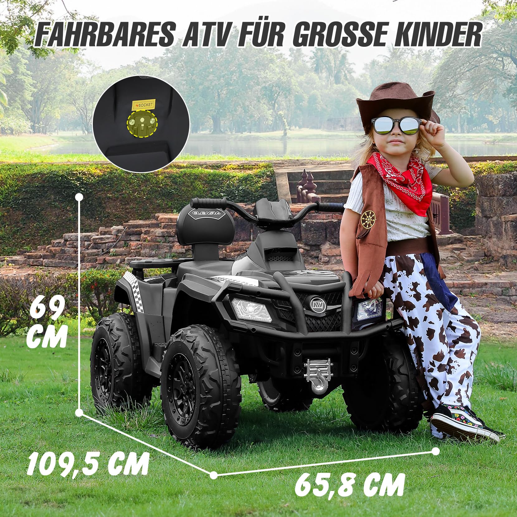 ELEMARA 2 Sitzer Kinder Quad für große Kinder,Elektro Auto Fuer Kinder ab 3 Jahre,6 km/h Höchstgeschwindigkeit,LED-Lichtern,Musik & Hupe,2 gefederten Rädern,Elektroauto für Jungen und Mädchen,Schwarz