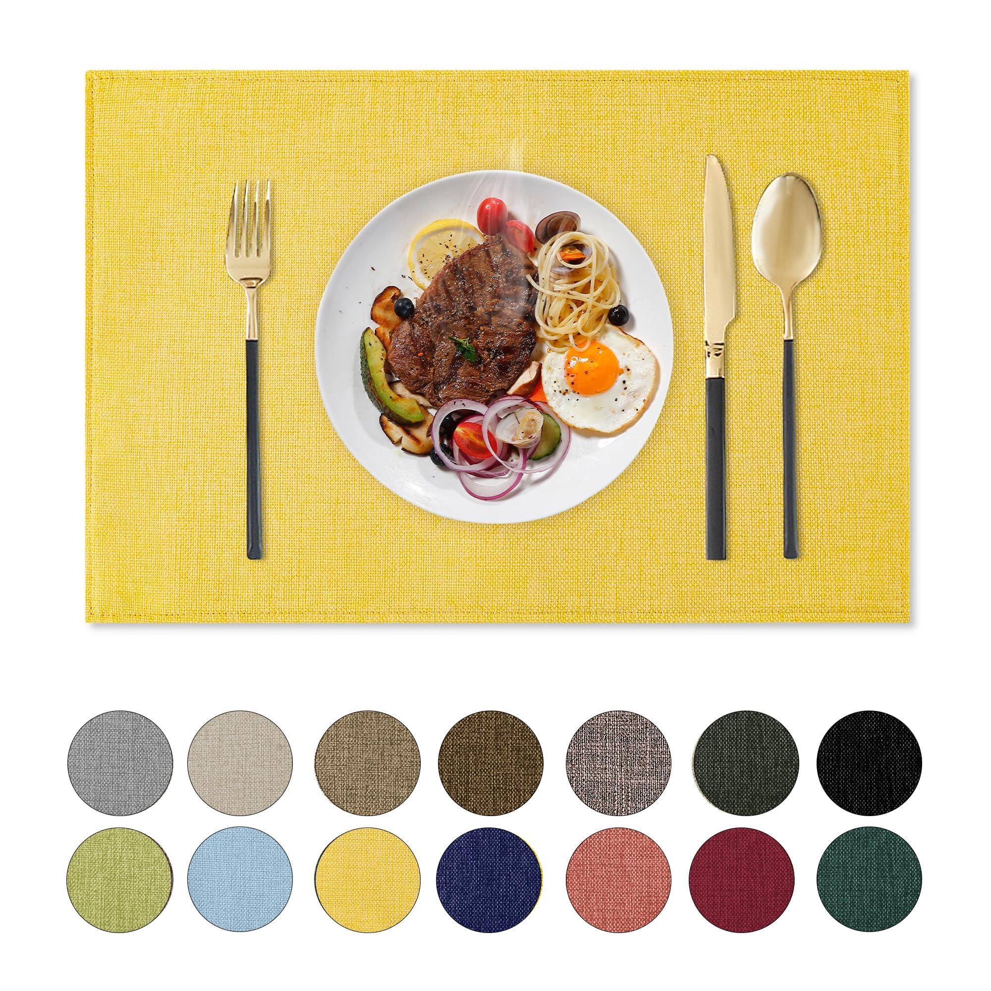 Romanstile Cloth Placemats Set of 4, Heat Resistant Double Layered Thickened Place Mats, Washable Faux Linen Farmhouse Table Mats for Kitchen/Dining/Party/Outdoor, Yellow — image 1