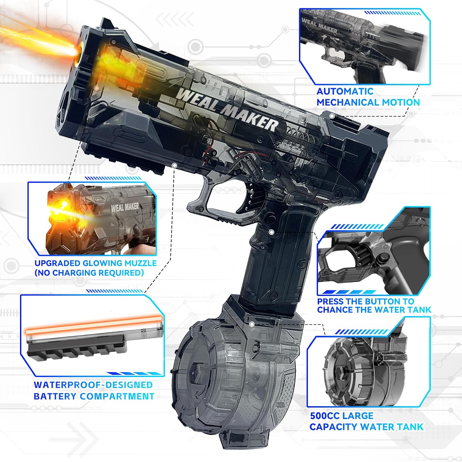 2 Pack Electric Water Guns with LED Light, Automatic Squirt Guns for Adults and Kids, Long Range up to 28FT, High Powered Water Blasters, Waterproof Summer Pool Beach