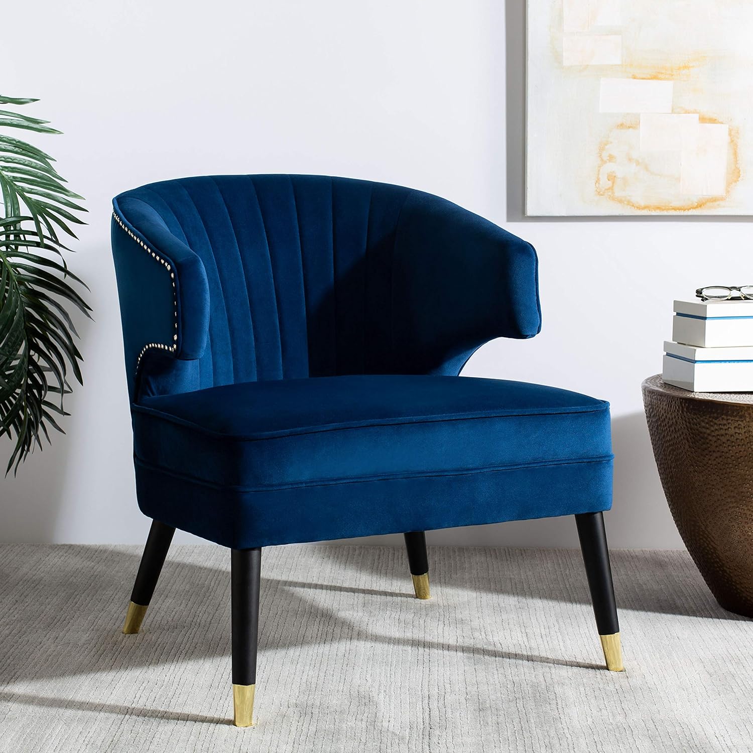 Safavieh Home Stazia Retro Glam Navy Velvet and Black Wingback Accent Chair