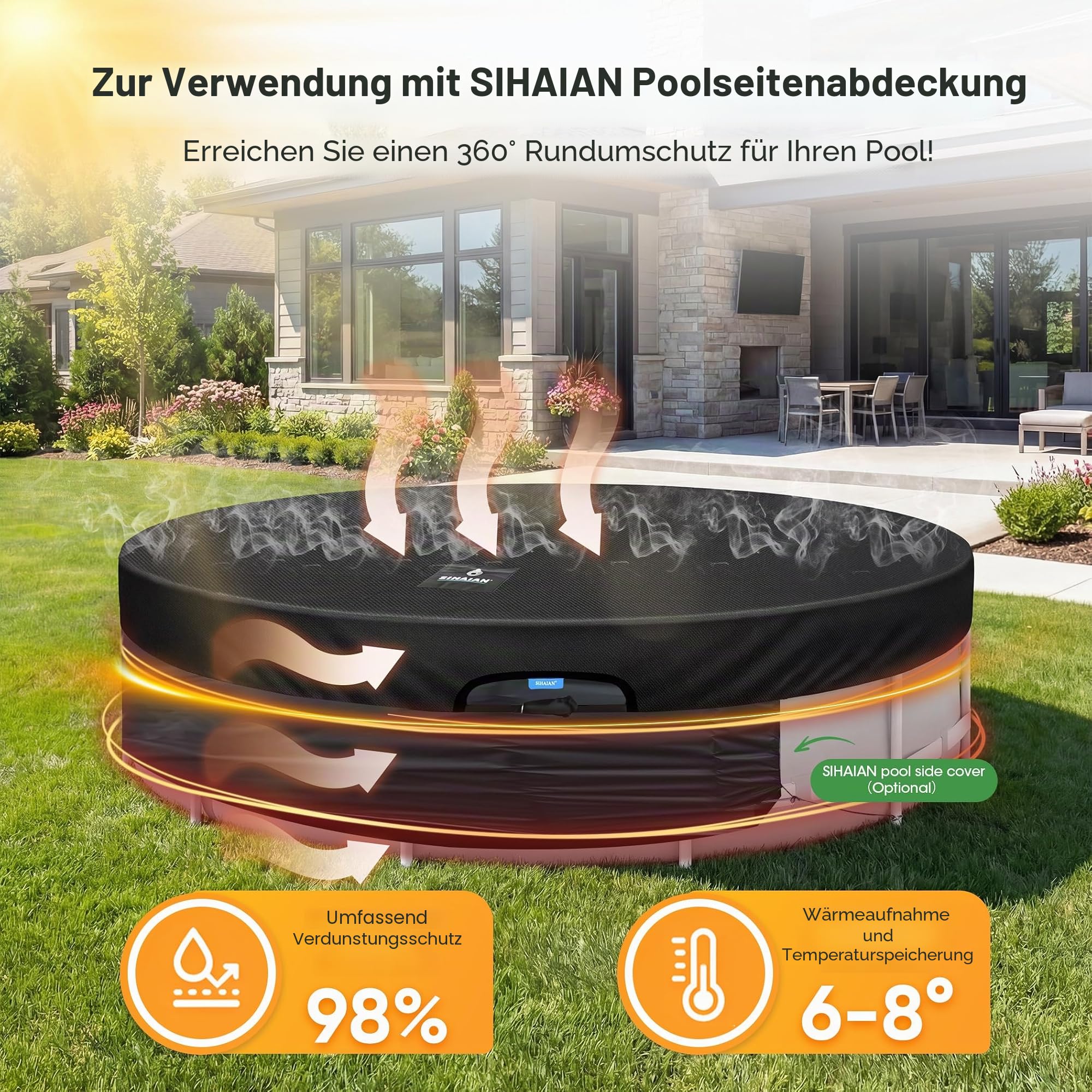 SIHAIAN Rundpoolabdeckung 427cm, Solar Poolabdeckung mit automatischem Abfluss für Aufstellpools, UV-Beständig, patentiertes einteiliges Spannsystem, verhindert Wasseransammlungen