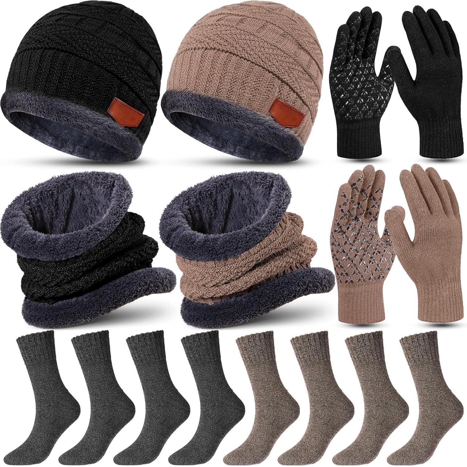 10 Pieces Winter Hat Beanie Scarf Touch Screen Gloves and Sock Set Slouchy Knit Skull Cap Beanies Fleece Lining Neck Warmer