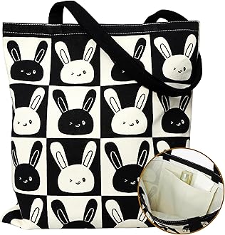 Cotton Canvas Reusable Grocery Bags Tote Bag with Inner Pocke, Black And White Pattern Printing for Shopping Gym And Travel