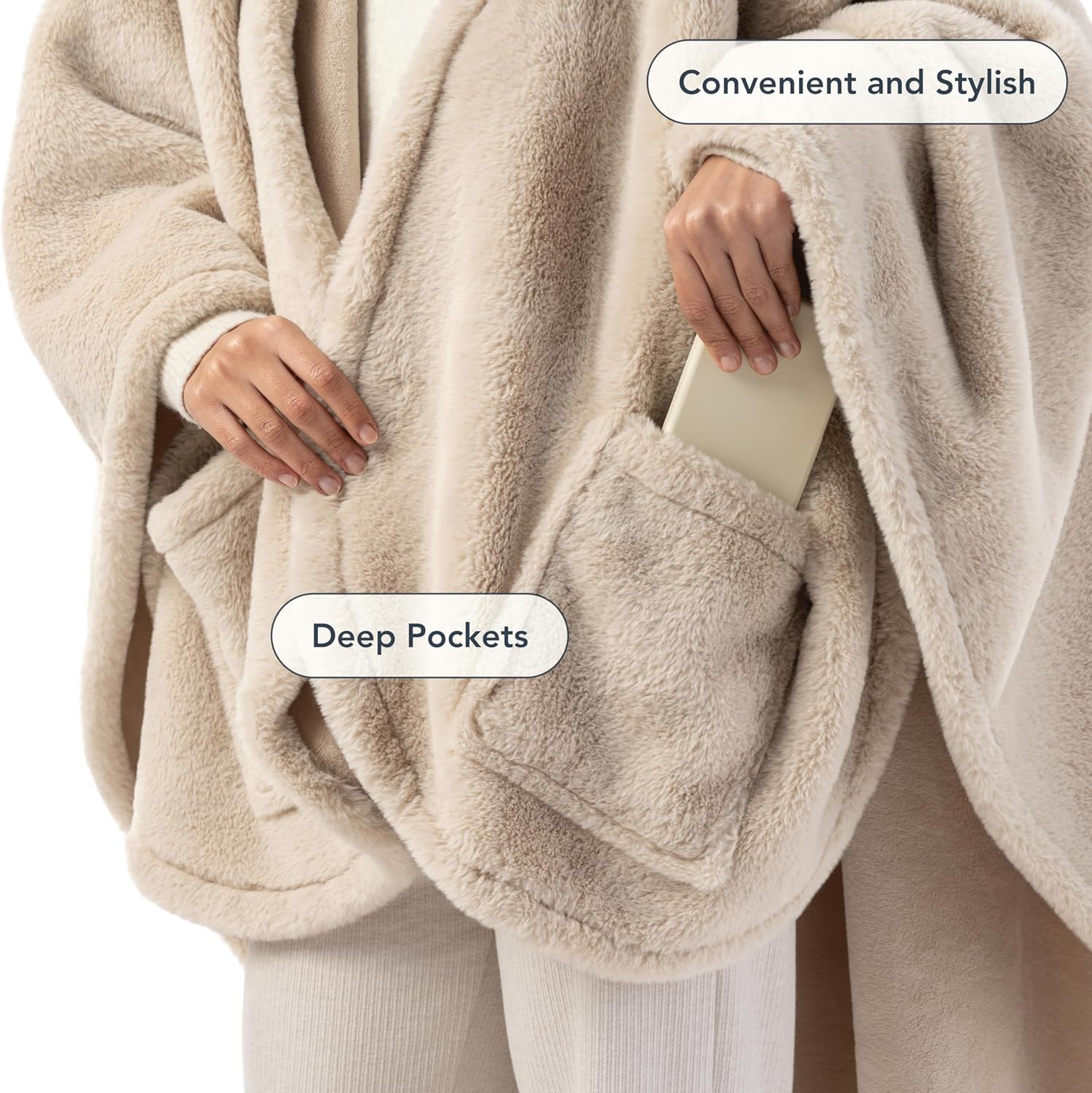 Berkshire Faux Fur Wearable Blanket, Cozy Reversible Loftmink Fleece Shawl with Hood & Side Pockets