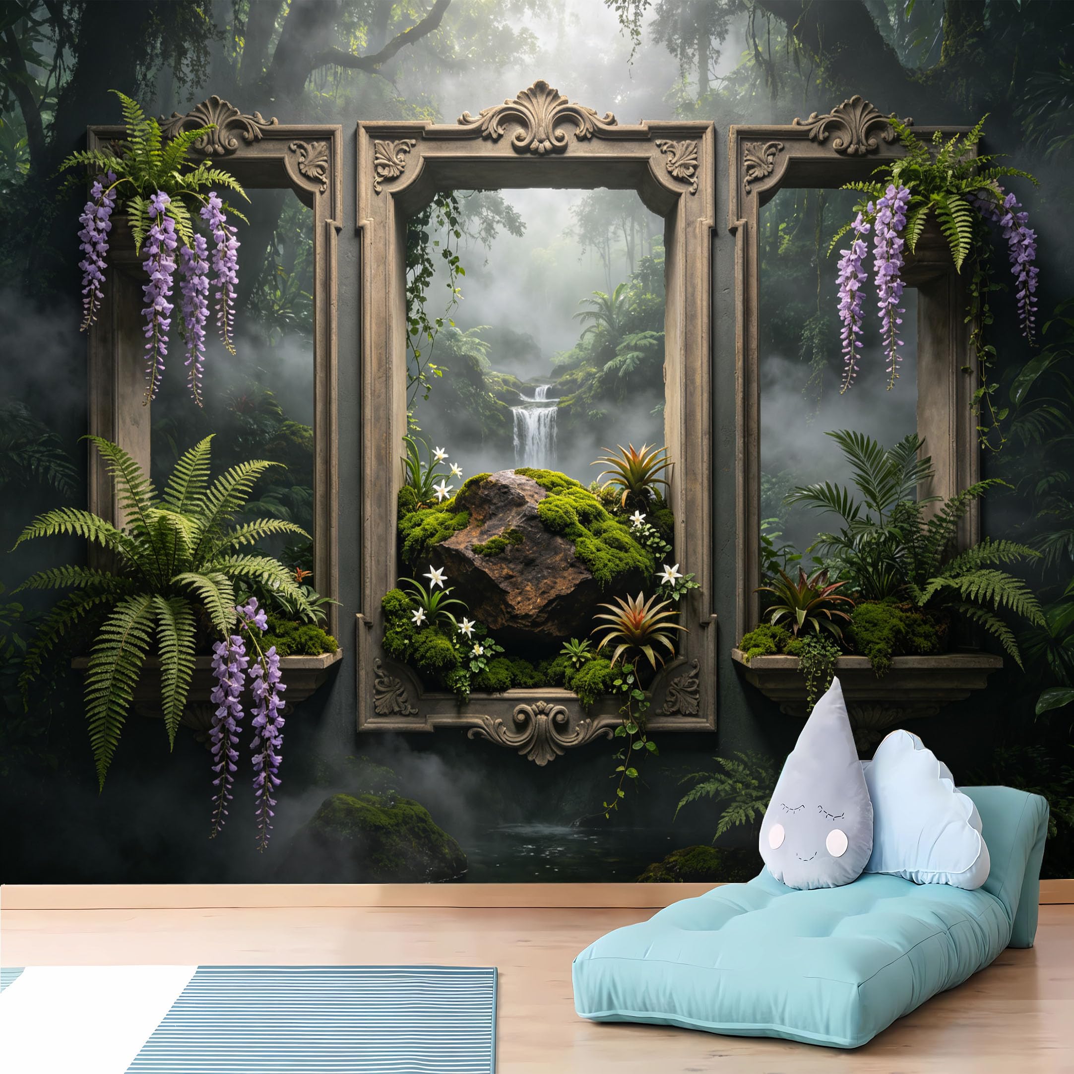 Custom Size Wall Murals,Ancient Stone Framed Rainforest Waterfall View Wall Murals,Vivid,Wall Covering Fabric,Self-Adhesive Removable Wallpaper for Living Room Home Decor