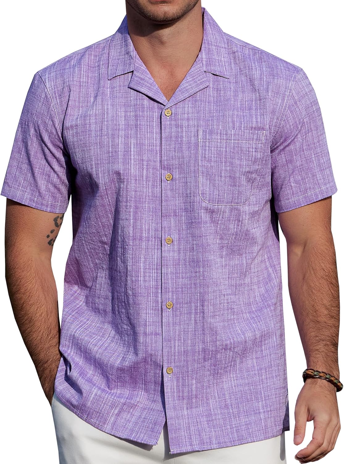 JOGAL Mens Chambray Cuban Shirts Short Sleeve Casual Button Down Shirts Cotton Hawaiian Summer Beach Shirt with Pocket