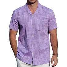 JOGAL Mens Chambray Cuban Shirts Short Sleeve Casual Button Down Shirts Cotton Hawaiian Summer Beach Shirt with Pocket