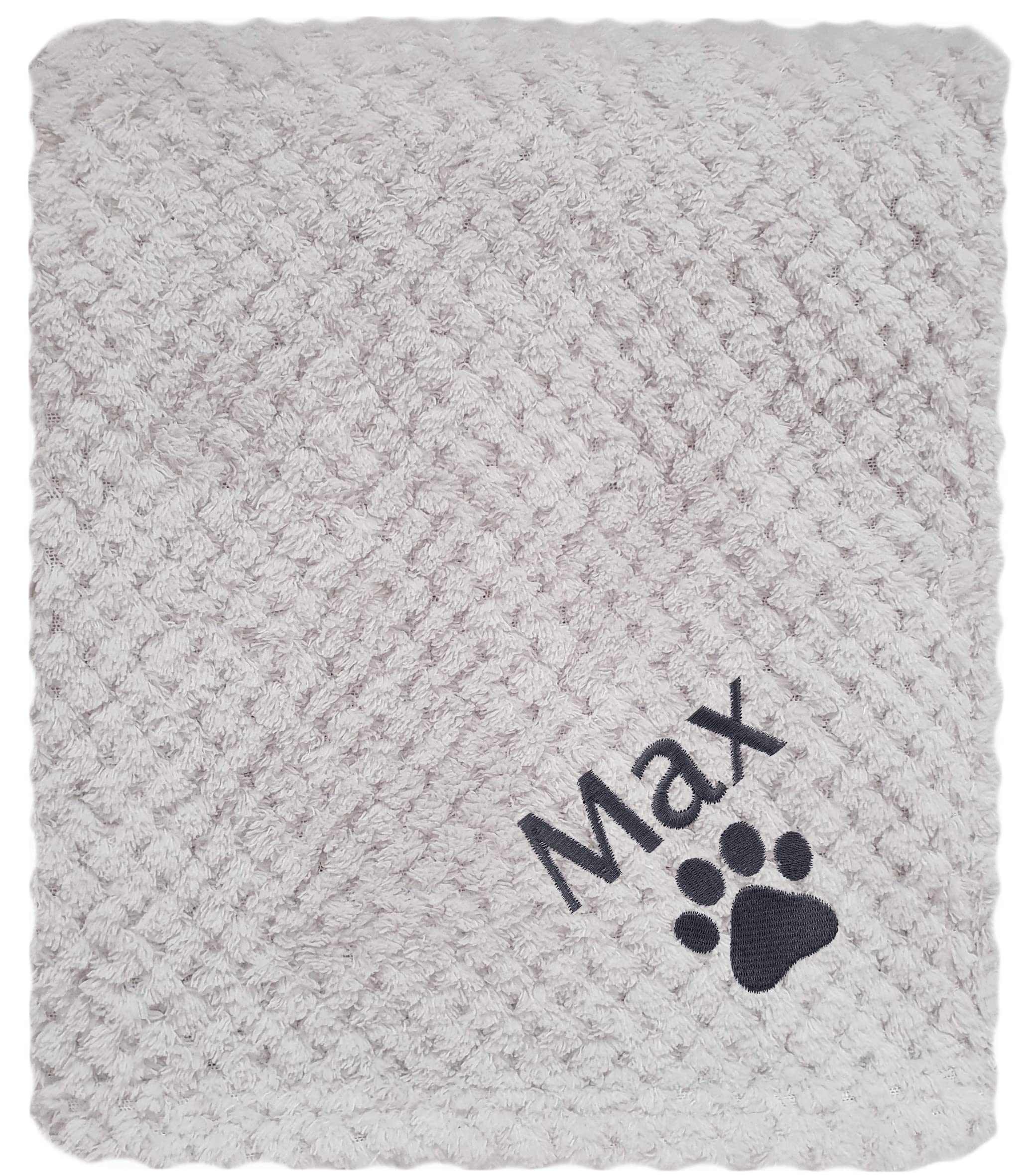 JJLC Personalised Dog Cat Pet Blankets Embroidered Name Paw (Grey Waffle, Grey Name)