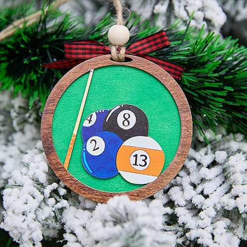 Miniatura 6 de Bola de Billar Adorno de Navidad de 4 Pulgadas  Decoración de Taco y Bolas de Madera en Capas, Regalo para Jugadores de Billar, Sala de Juegos,