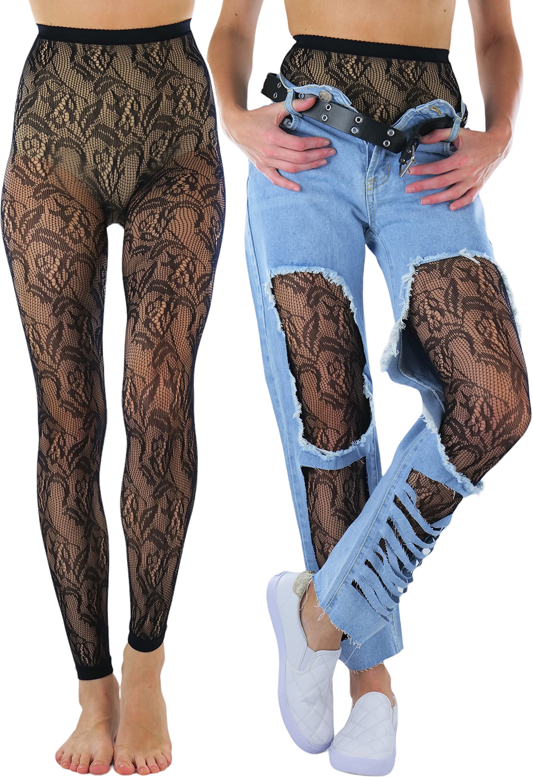 ToBeInStyle Women's Single Floral Lace Fishnet Tights Footless &amp; Stirrup Design