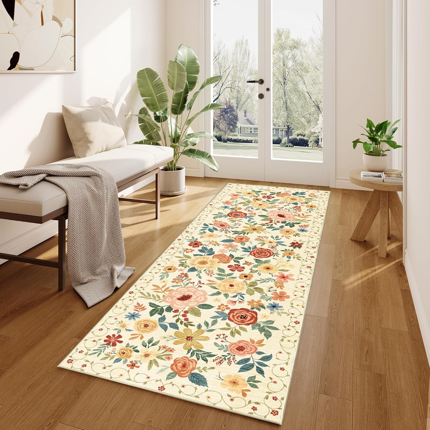 DUKINO 2x6 Runner Rug for Hallway, Washable Kitchen Runner Rug with Non Slip Backing, Low Pile Soft Boho Floral Runner for Kitchen, Hallway, Entryway, Laundry, Bedroom, Beige Yellow Beige Yellow 2' x 6' (Rectangular)
