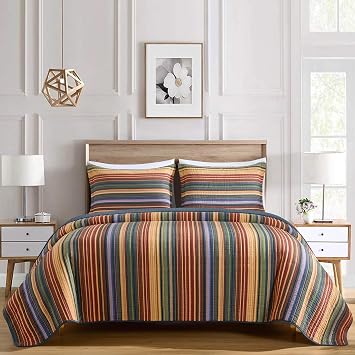 Chezmoi Collection Avery 3-piece Multi-Color Striped 100% Washed Cotton Quilt Set King Size