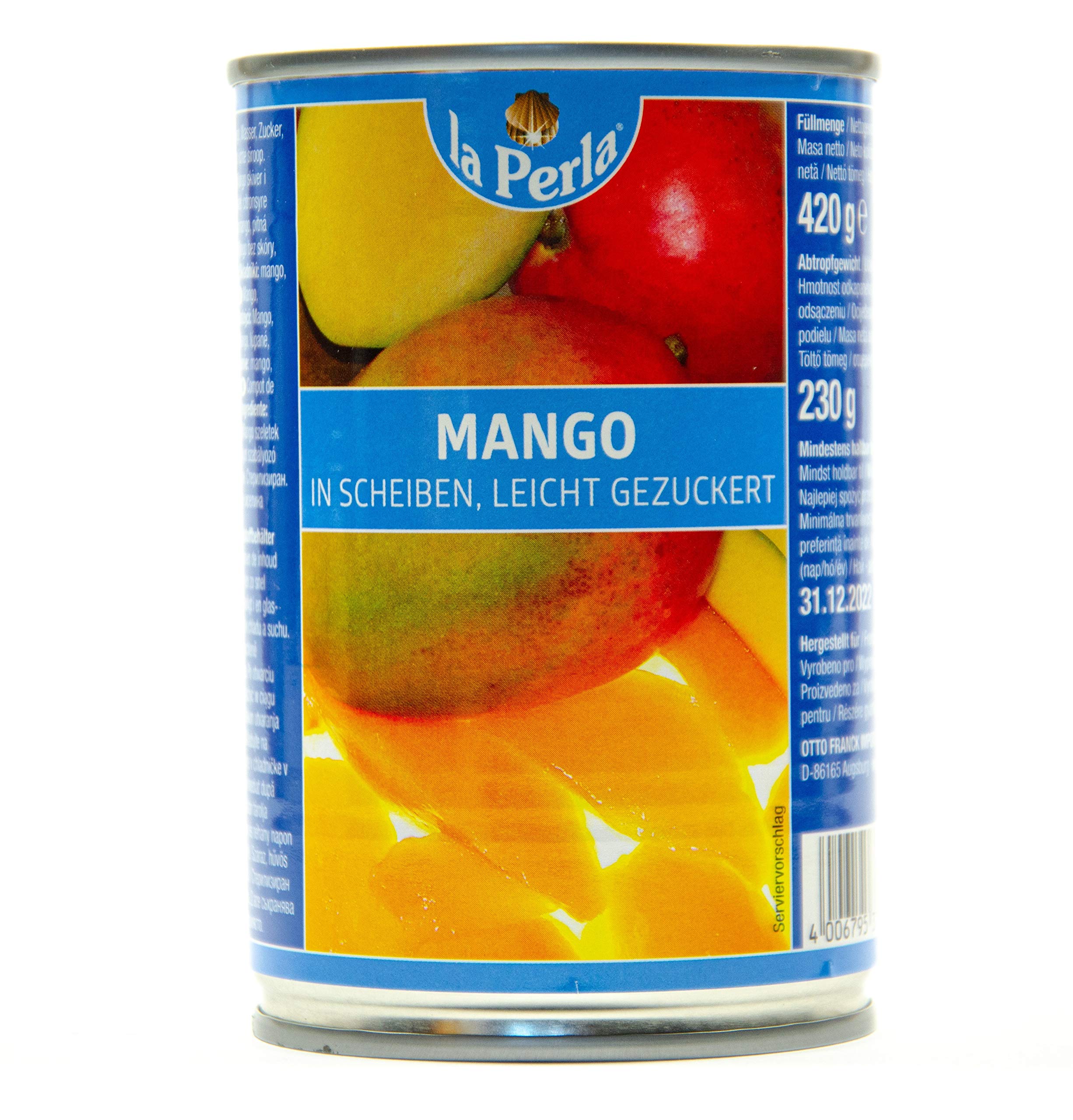 La Perla Mango in Scheiben - 96x 230g Dose - leicht gezuckerte Mangoscheiben eingelegte Mango fruchtige Mangostücke Mangofrucht Obstkonserve vegan glutenfrei schonend verarbeitet