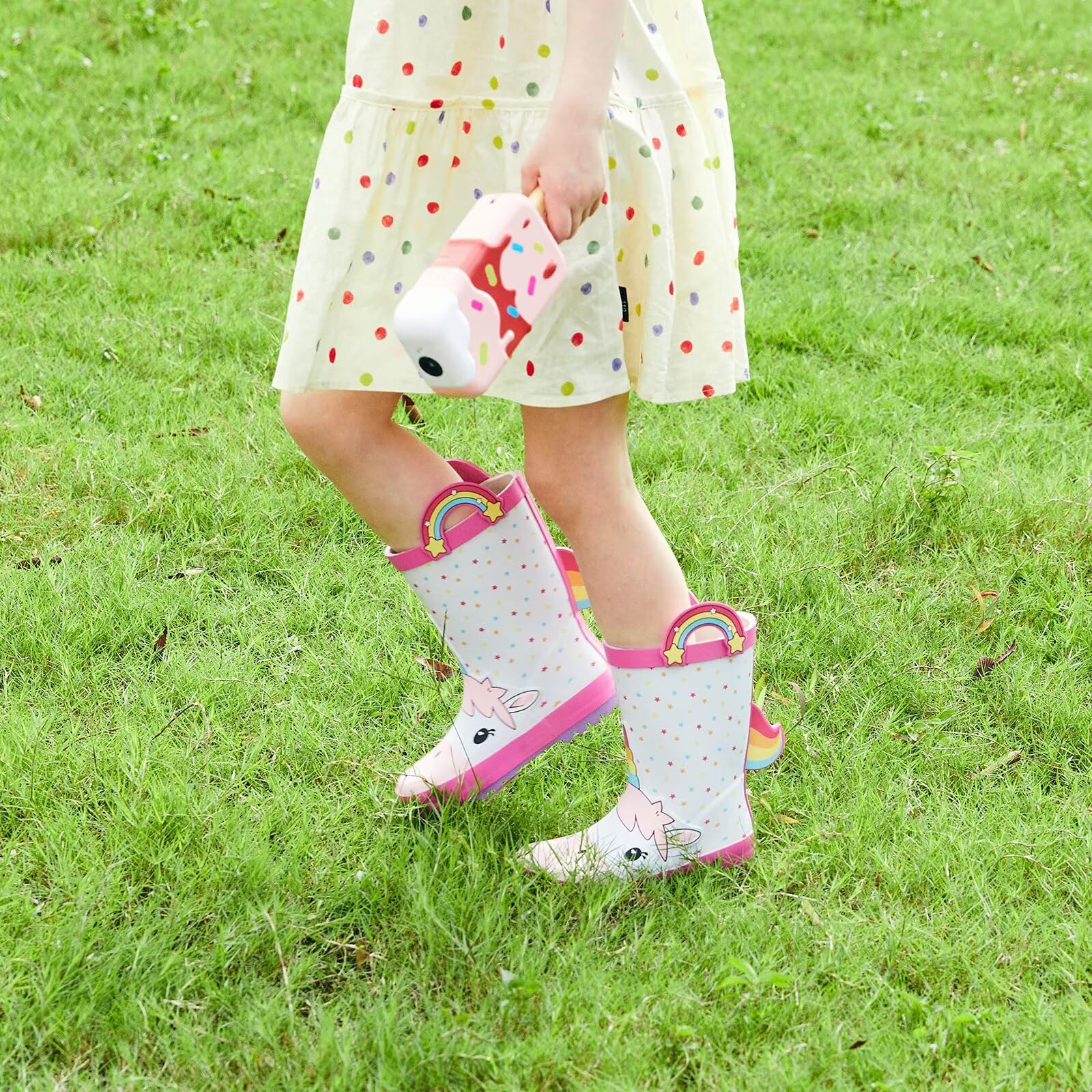 FUNCOO PLUS Botas de agua de goma para niños pequeños, botas de lluvia impermeables para niños y niñas, con asas en patrón divertido