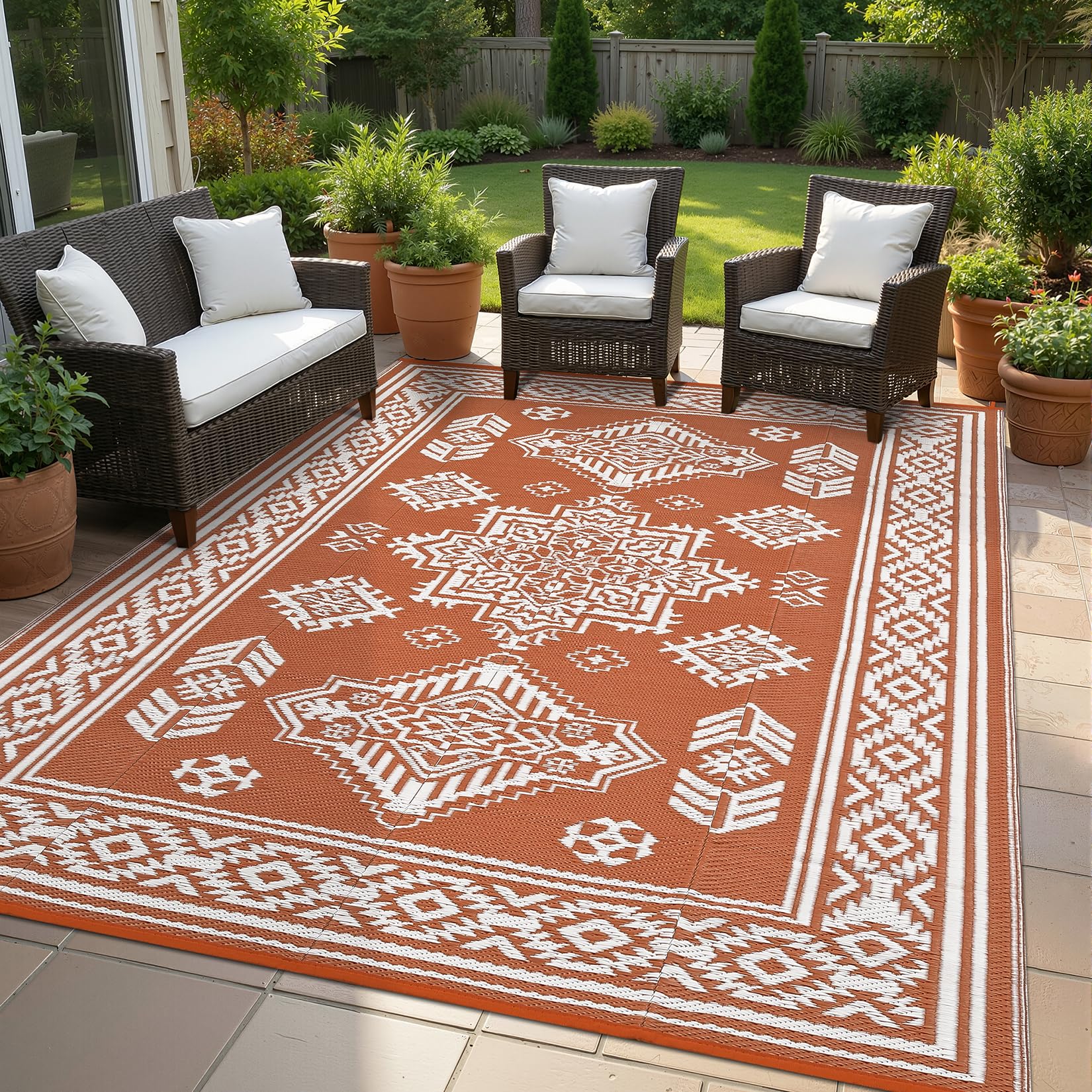 waterproof outdoor rug 8x10 reversible plastic straw patio rug stain-resistant vintage medallion carpet foldable indoor outdoor rugs for picnic, backyard, rv, beach, deck, camper, balcony, terracotta