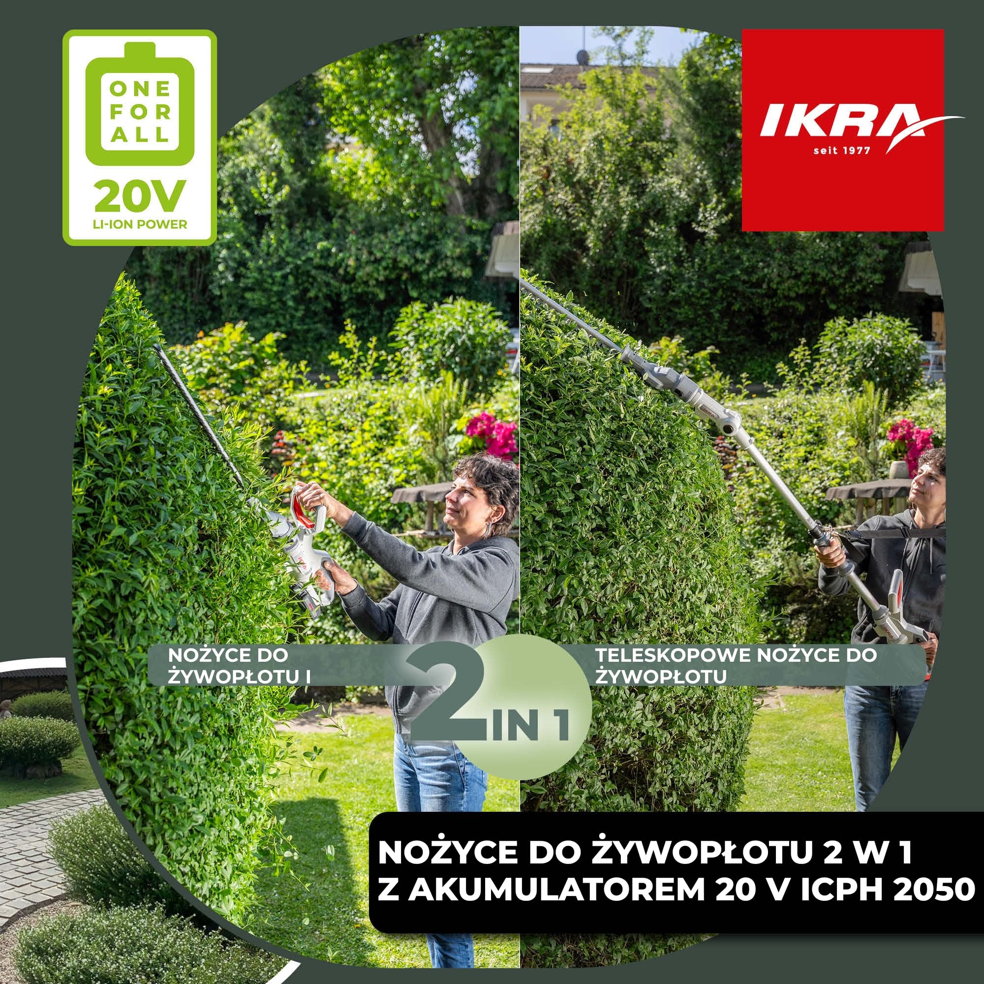 IKRA 2w1 Nożyce do żywopłotu ICPH 2050, 2 akumulatory, szybka ładowarka | Do zwykłych żywopłotów lub wysokich z funkcją teleskopową, pasek na ramię, kompatybilna z systemem akumulatorow IKRA 20 V