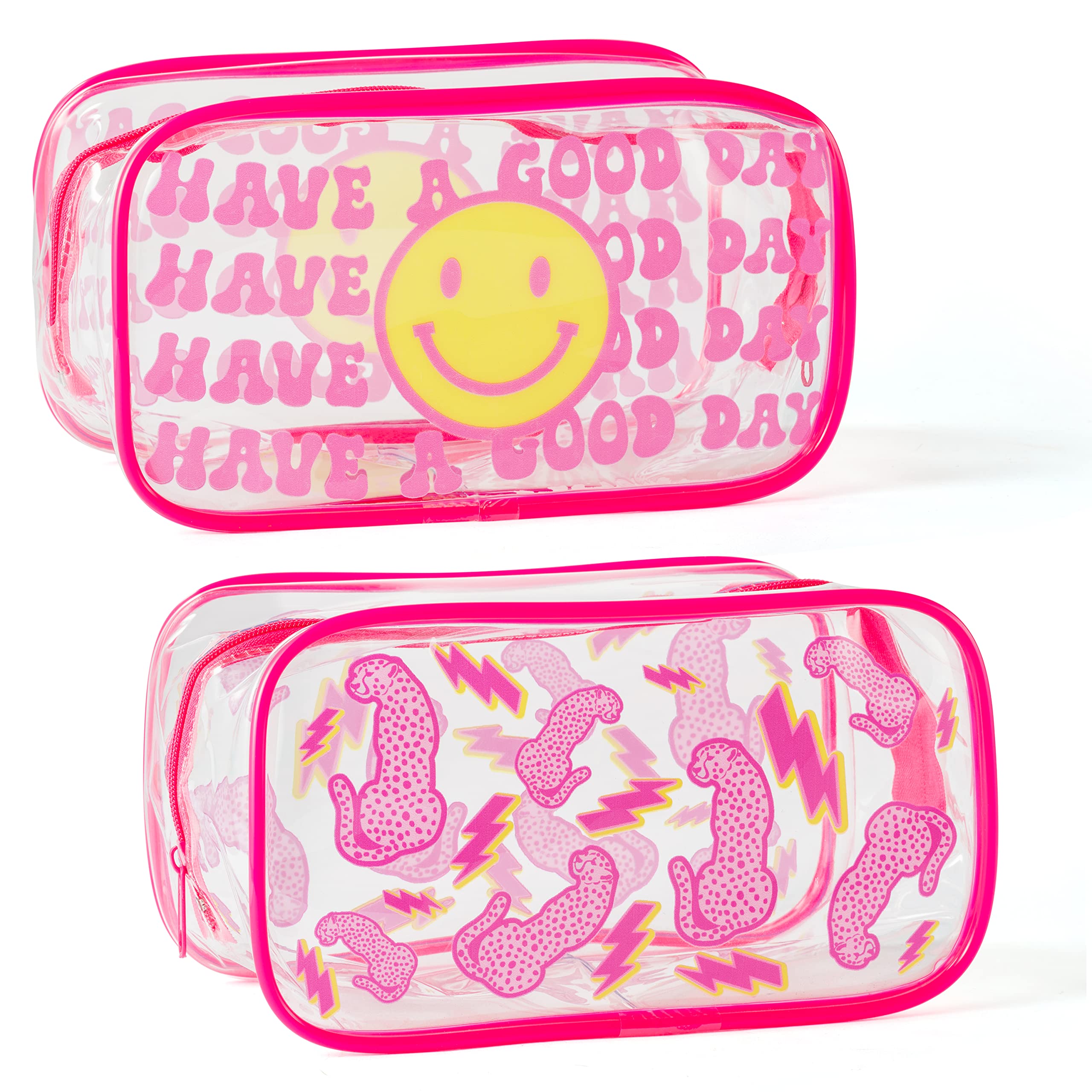 AccontOche2Pcs Pink Preppy Clear PVC Cosmetic Bag Smile Leopard Lightning Print Transparent PVC Makeup Bag Waterproof Portable Penholder Toiletry Zipper Pouch Travel Organizer for Girls Teens Women