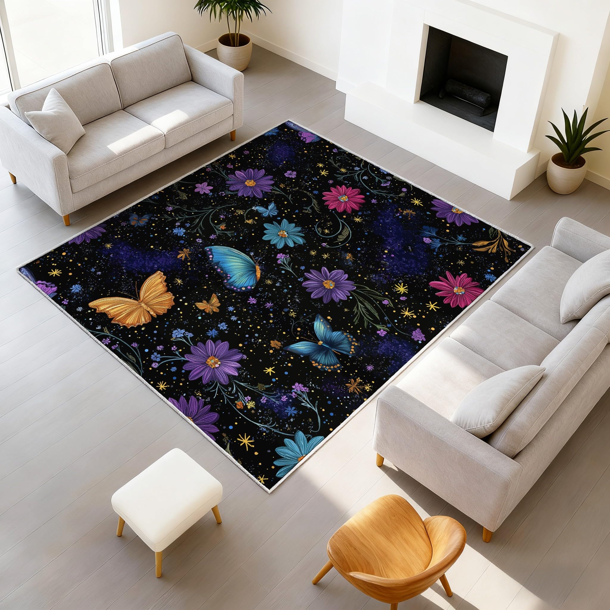 Générique Tapis De Salon Poils Ras Grand Fantaisie Espace Intérieur Antidérapant Tapis Imprimé Psychédélique Couleur Papillon Noir, Paillasson Confortablex Lavable 120 x 160 cm