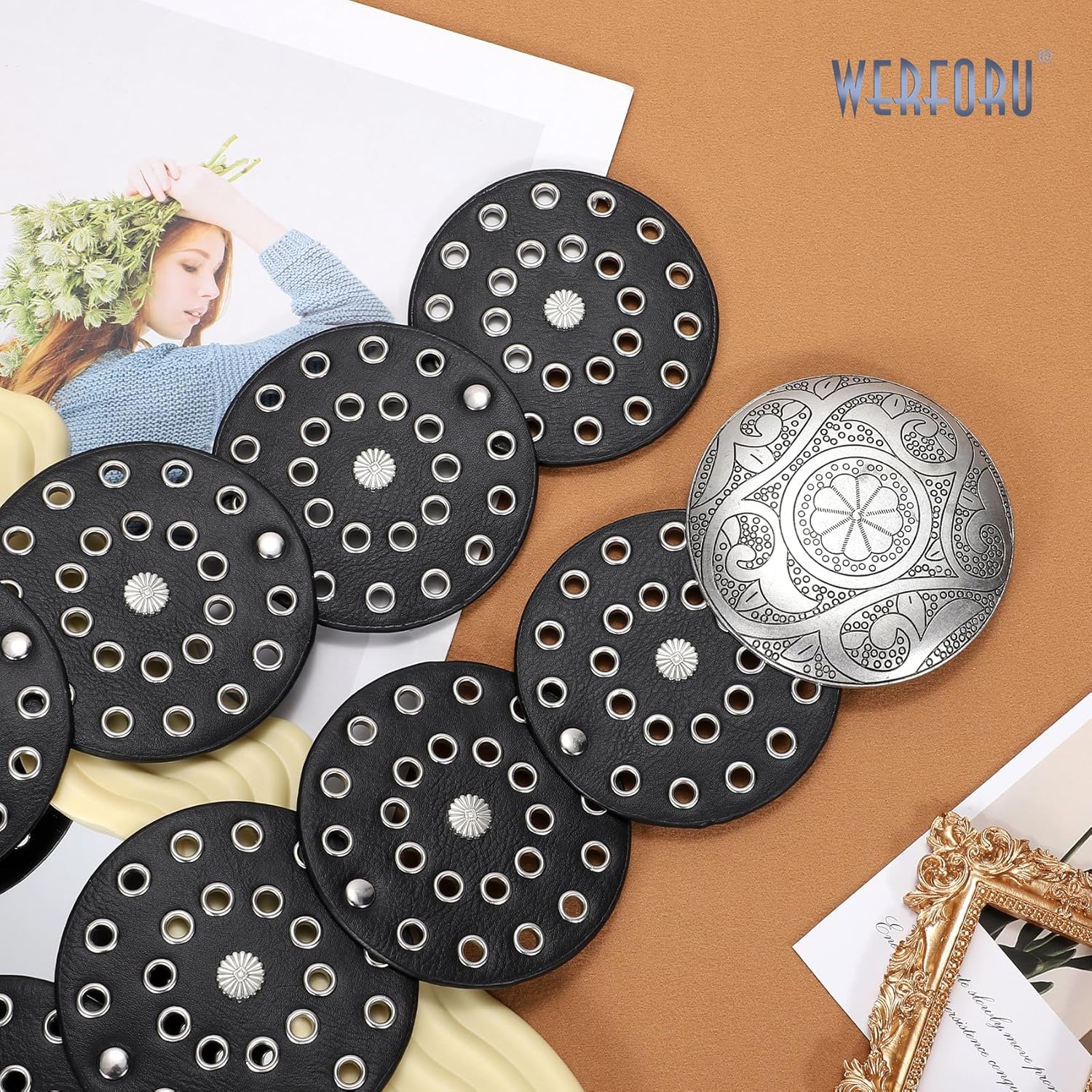 WERFORU Women Vintage Leather Belt Western Disc Waist Belts Ladies Western Belt Boho Belt for Dress Jean- - Image 4