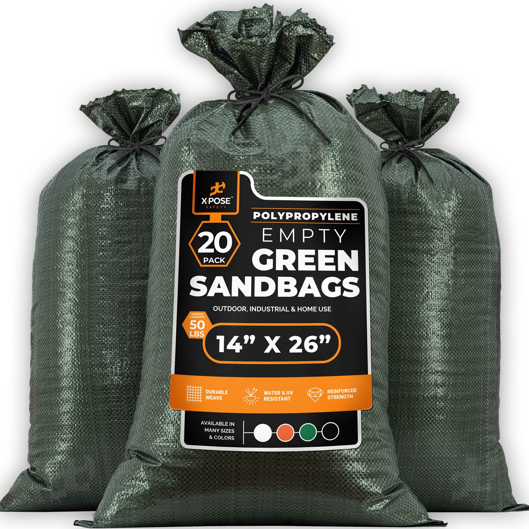 Xpose Safety Heavy Duty Sand Bags with Tie Strings – Empty Woven Polypropylene Sandbags for Hurricane Flood Protection, 50 lb Capacity, 14" x 26", Green, Pack of 20