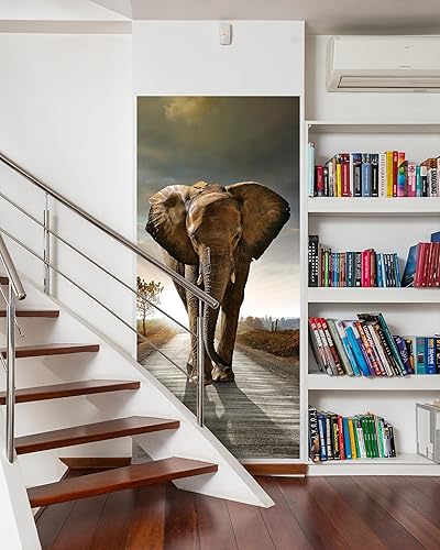 Miniatura 4 de FLFK Adhesivo mural para puerta, elefante, despegar y pegar, tamaño combinado 32 x 80 pulgadas, dividido en 2 piezas