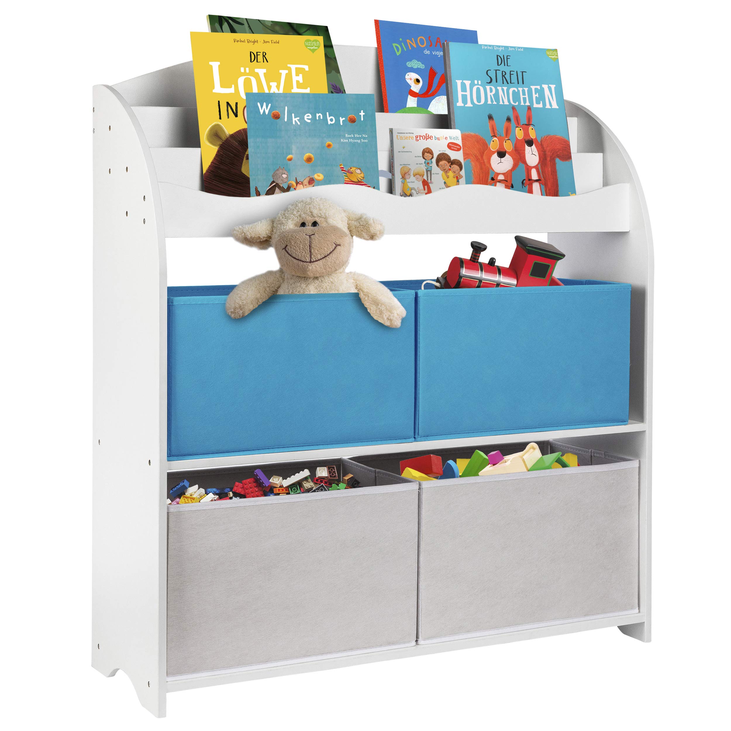 ONVAYA® Kinder-Bücherregal Finn Weiß | Kinderregal mit Boxen | Aufbewahrung von Büchern und Spielzeug | Organizer für Kinderzimmer (Bücherregal Blau)