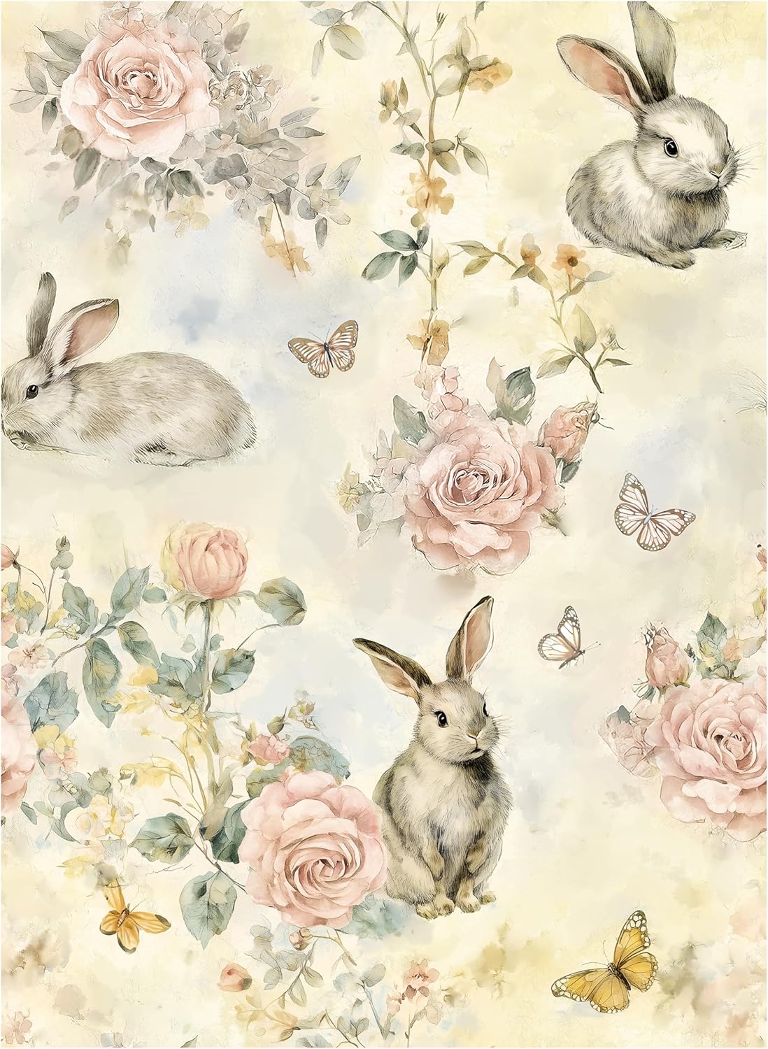 Yellow Pink Floral Wall Paper Peel and Stick Wallpaper Vintage 17.3"×393" Animal Bunny Butterfly Removable Self Adhesive Wallpaper for Bedroom Floral Contact Paper for Cabinets Waterproof Home Decor