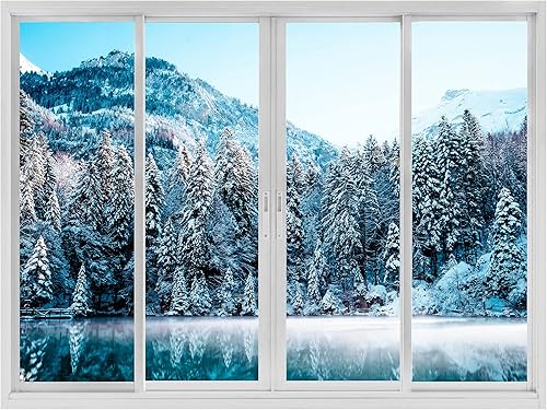 wall26 Adhesivo mural de pared removible para decoración de habitación de bosques, vista de ventana, temporada nevada de invierno, bosque de montaña