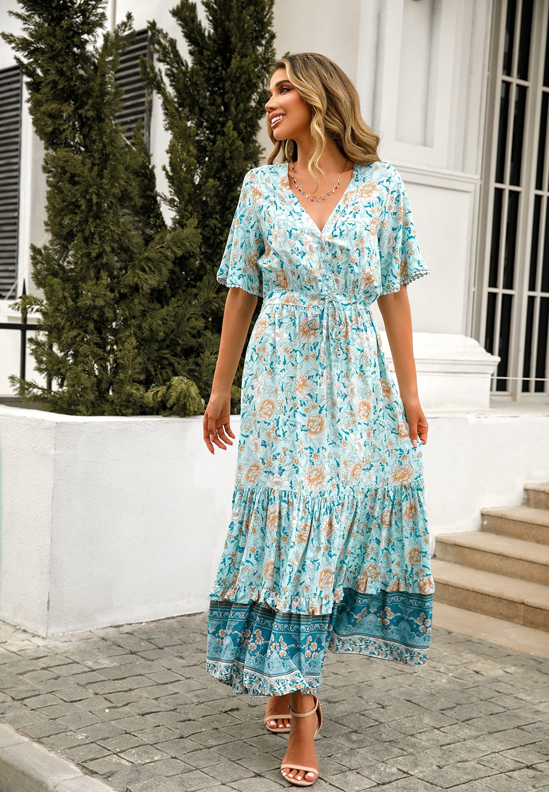R.Vivimos Abito Boho Estivo Donna Abito Sexy Scollo a V Bottoni Manica Corta Vestito Elegante con Volant Orlo Abito Lungo Maxi da Spiaggia Casual per Le Vacanze(L,Blu Turchese-Floreale)