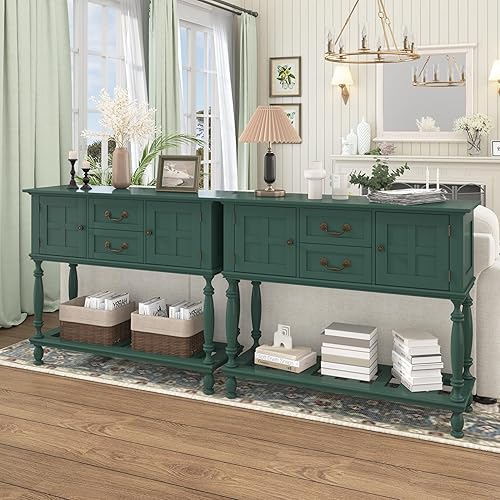 Miniatura 7 de Mesa consola con cajones, mesas de entrada vintage con almacenamiento y estante, mesa de pasillo con patas torneadas, mesa de sofá estrecha detrás