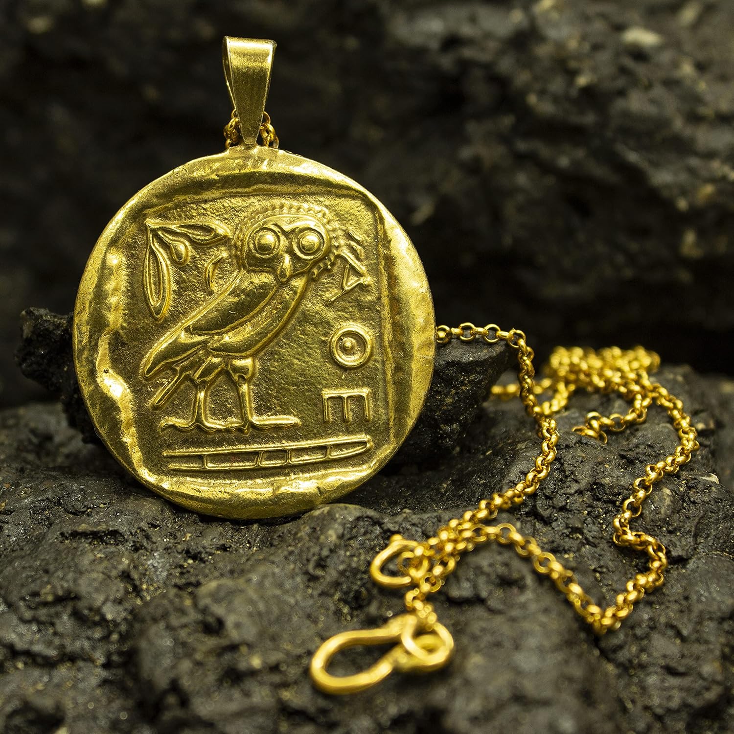 Ancient Greek Owl Athena Signet Coin Pendant | 24K Gold Plated 925 Sterling Silver | Roman Goddess Necklace | Mythology Jewelry by Pellada