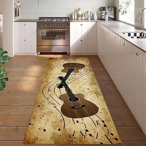 Miniatura 2 de Alfombra retro para pasillo, 2 x 6 pies, diseño retro de guitarra, patrón musical, para amantes de la música, alfombra antideslizante, alfombra de