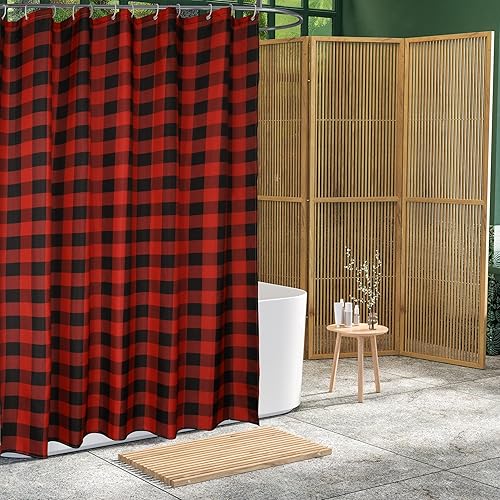Miniatura 2 de Cortinas de ducha rústicas de poliéster a cuadros rojos y negros, juego de cortinas de ducha de poliéster estilo retro, impermeables, lavables,