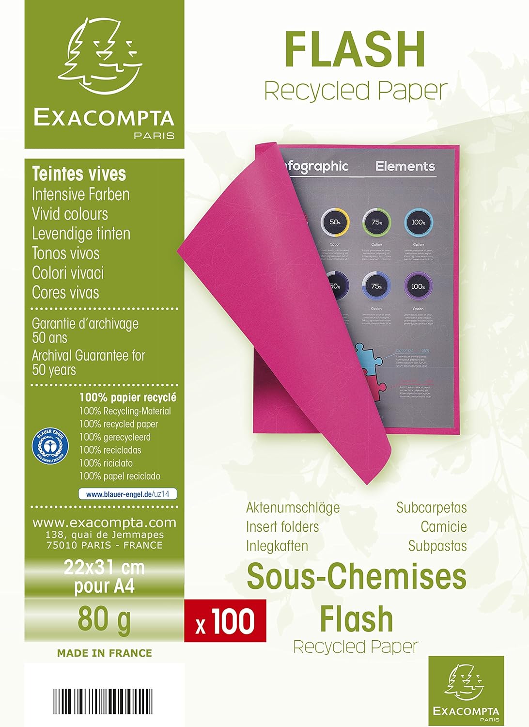 Exacompta - Ref 800001E - Rocks Square Cut Folder - 220 x 310mm in Size, Suitable for Holding A4 Documents, 80gsm Coloured Paper -Assorted Colours (Pack of 100)