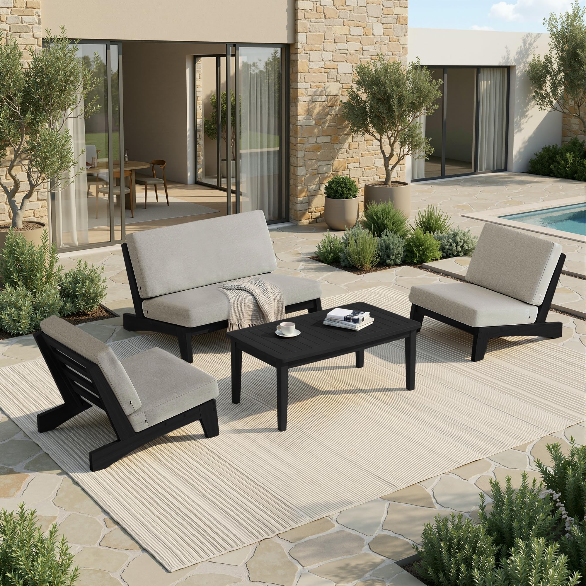Pia Ricoo 4 Piece Patio Furniture Sets, Outdoor Furniture with 2 Chairs &amp; Coffee Table, Patio Conversation Set for Backyard, Deck, Lawn, Light Camel, Dark Wood