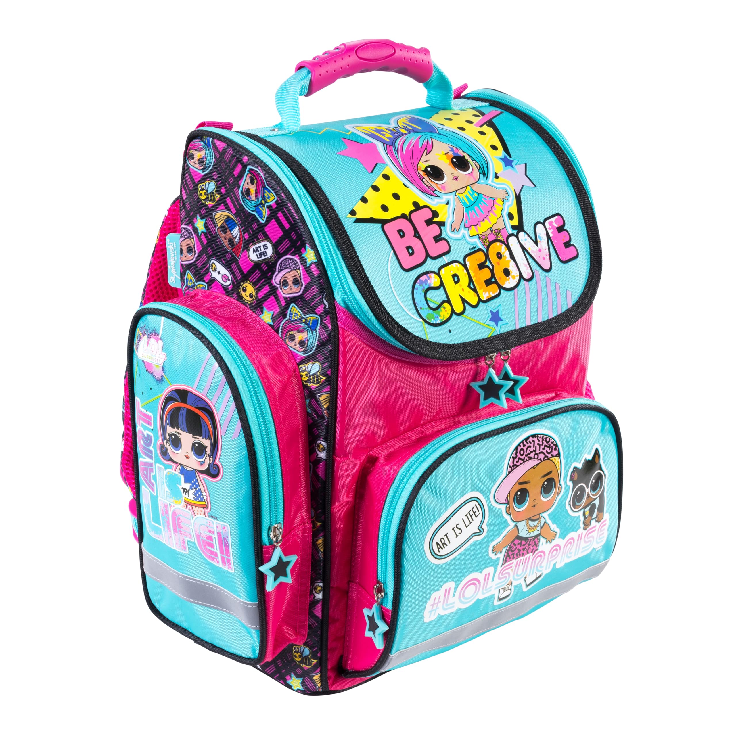 Goldkids - Mochila escolar para niños y niñas, juego de 4 - Mochila escolar para niños con estuche - Bolsa para zapatos y cuaderno de tareas - Diseño LOL - 1-3 Clase
