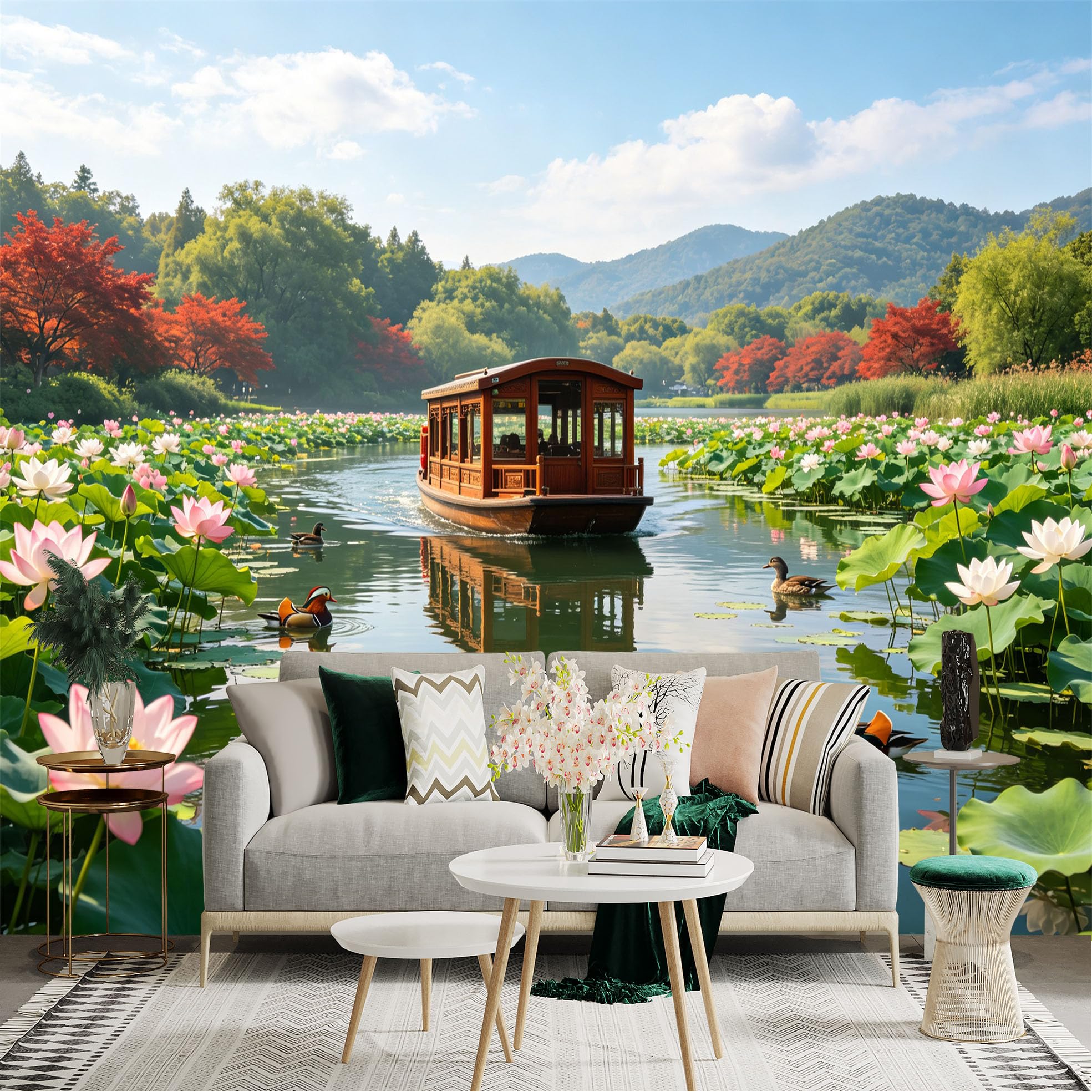 Custom Size Wall Sticker Mural， Traditional Wooden Boat on Lotus Pond， Colorful Autumn Foliage， Serene Oriental Landscape， for wall Decoration， peelandstick wall Decals.